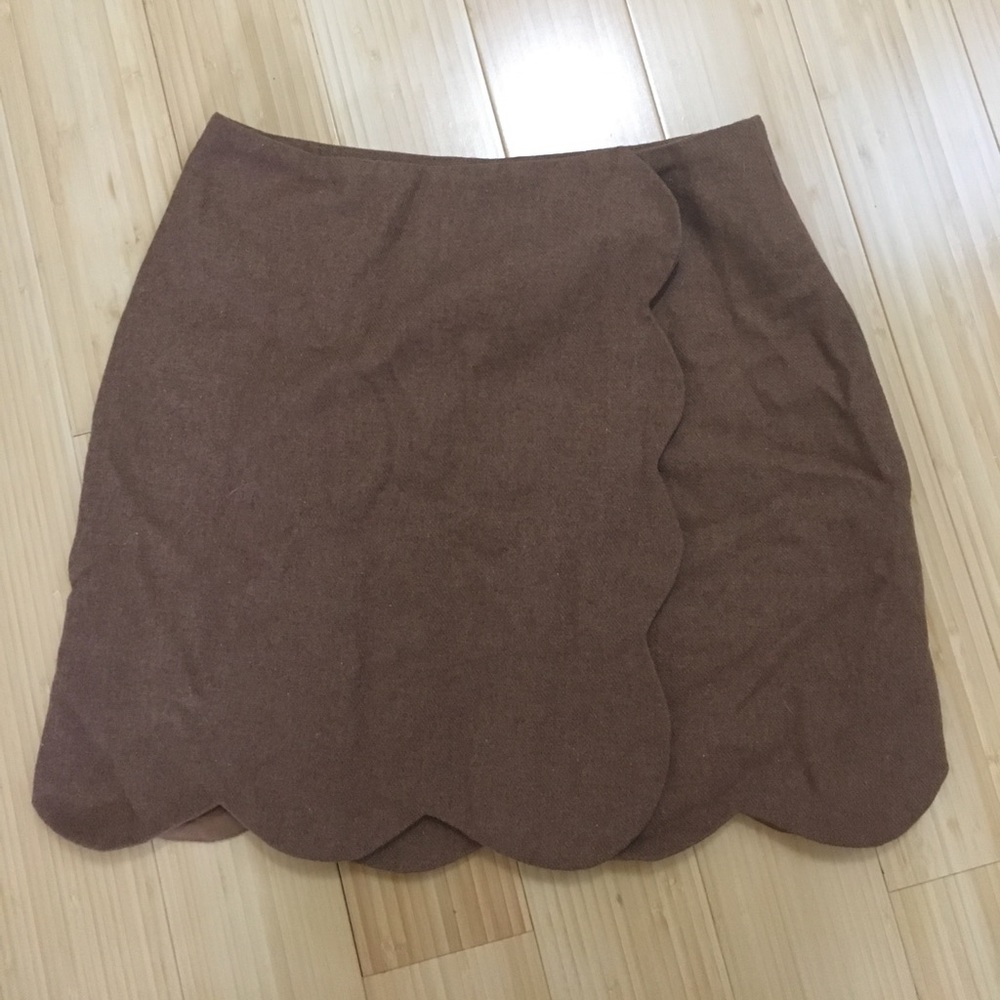 Wool Blend Wraparound Scalloped Skirt